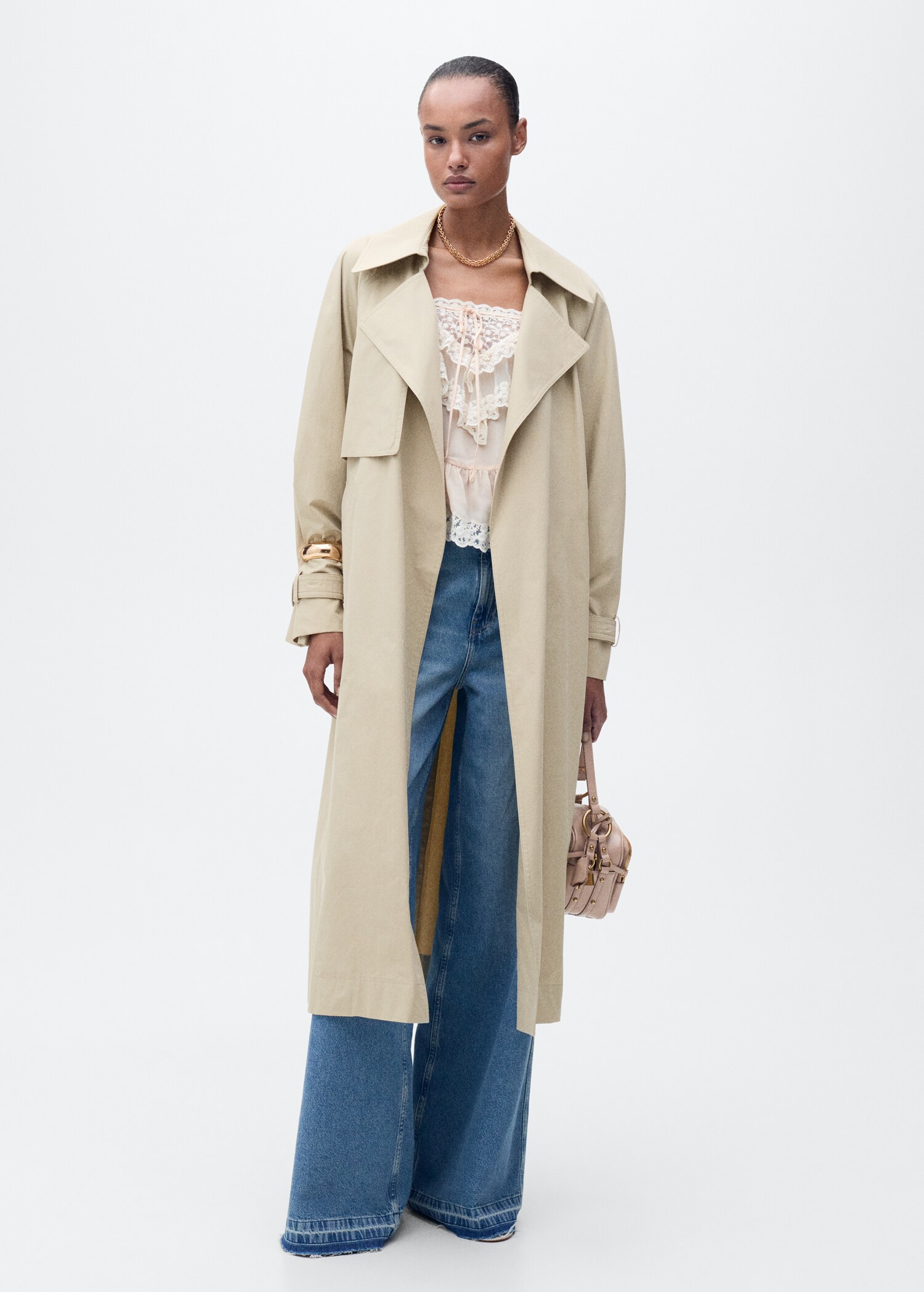Cotton trench coat with belt - General plane