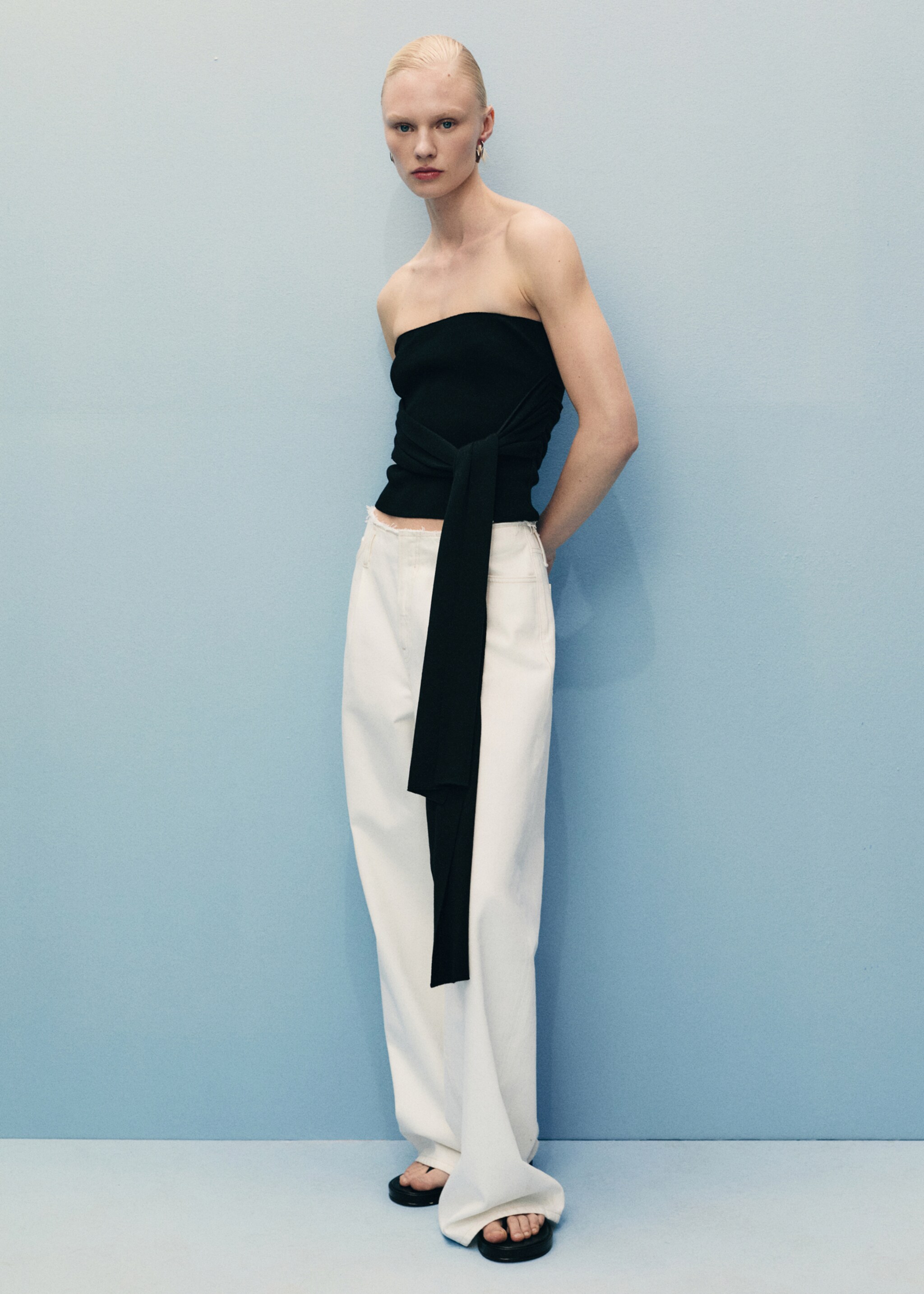 Wide-leg denim trousers with frayed waist - General plane
