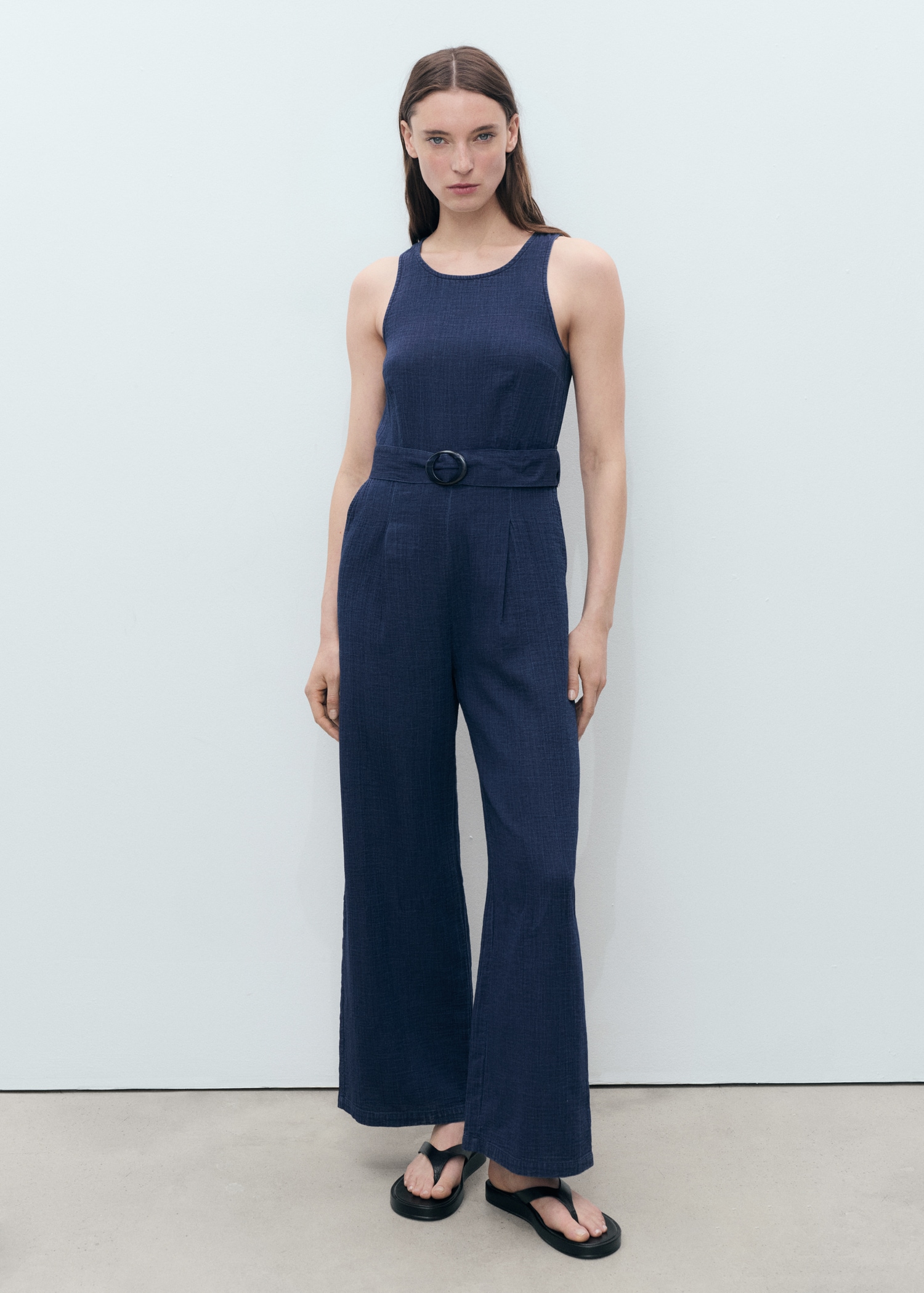 Flowy denim jumpsuit with belt - Main Image