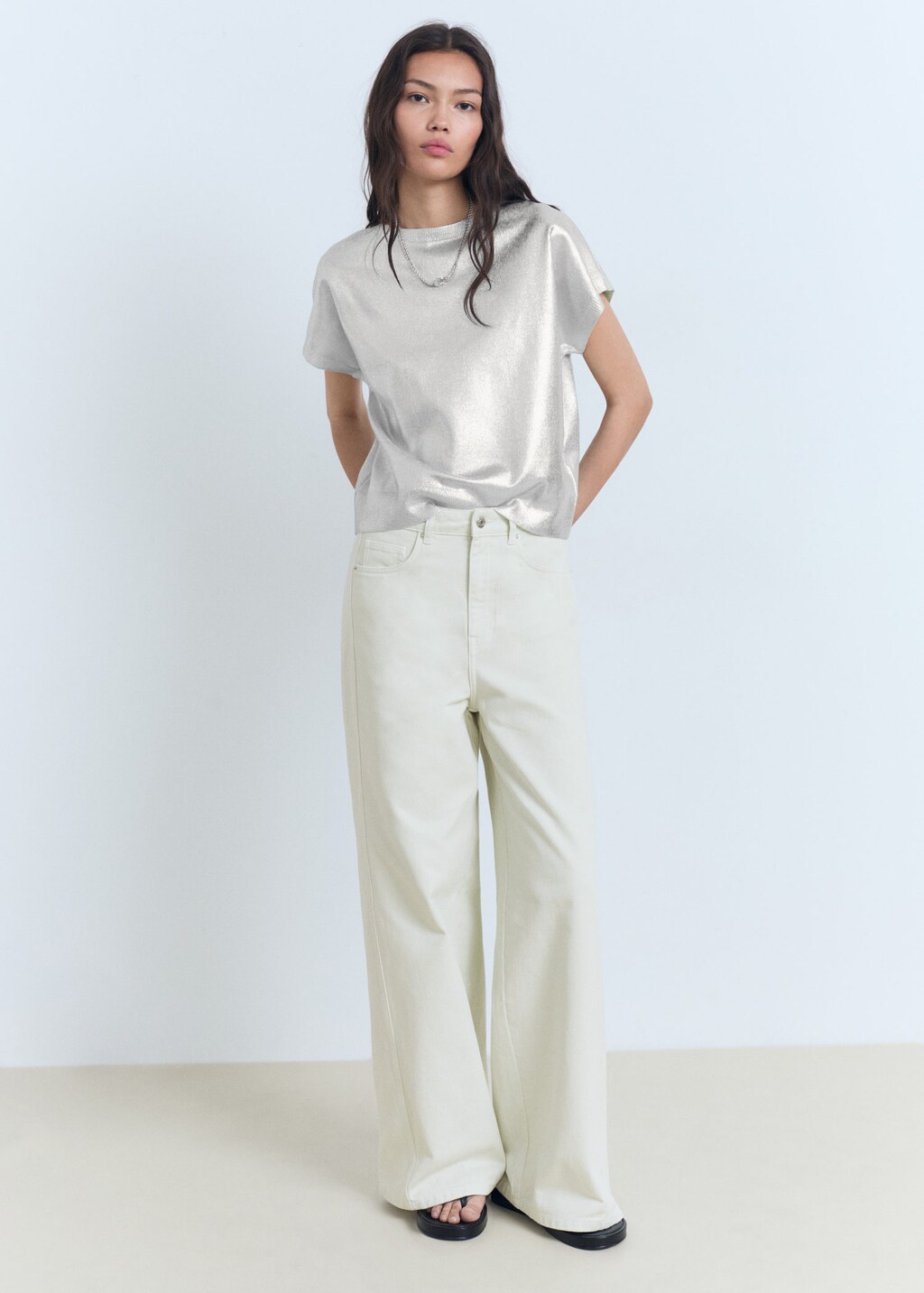 Mango Short-sleeved Foil Knitted Sweater In Gray