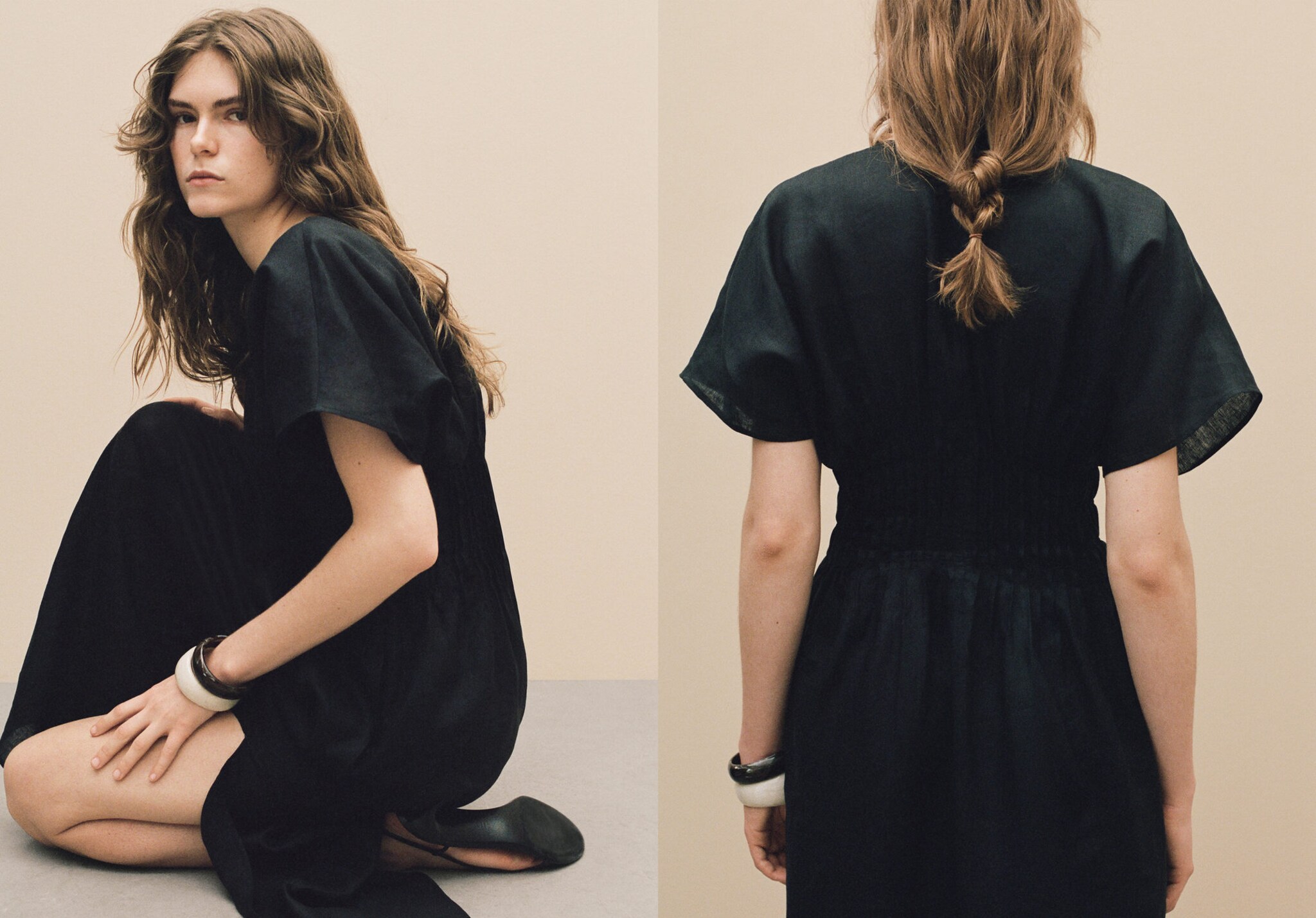 Long linen dress with gathered panel - Panoramic plane