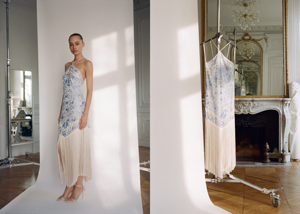 Floral-embroidered dress with fringe detail