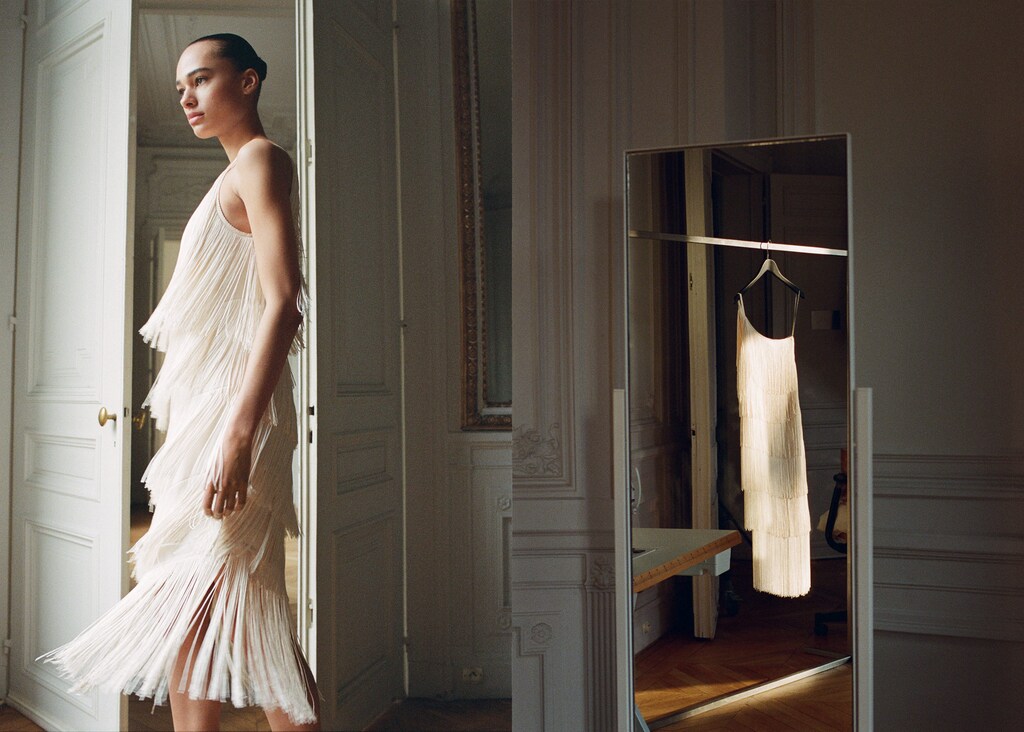 Asymmetrical fringed midi-dress