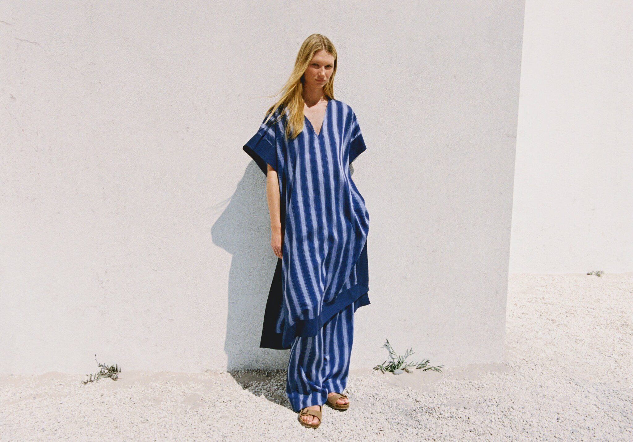 Lyocell two-tone caftan with woven stripe - Panoramic plane