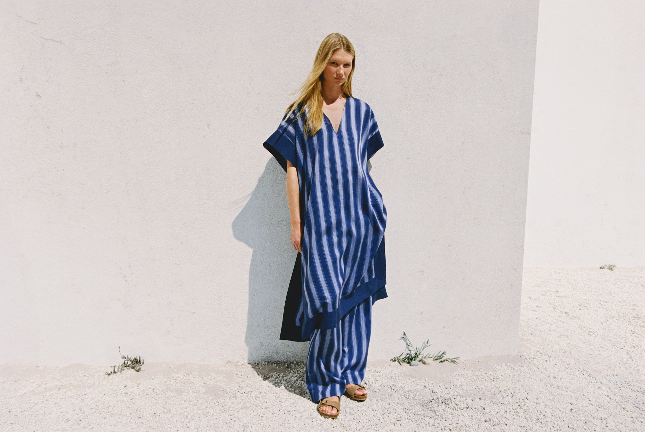 Lyocell two-tone caftan with woven stripe - Panoramic plane