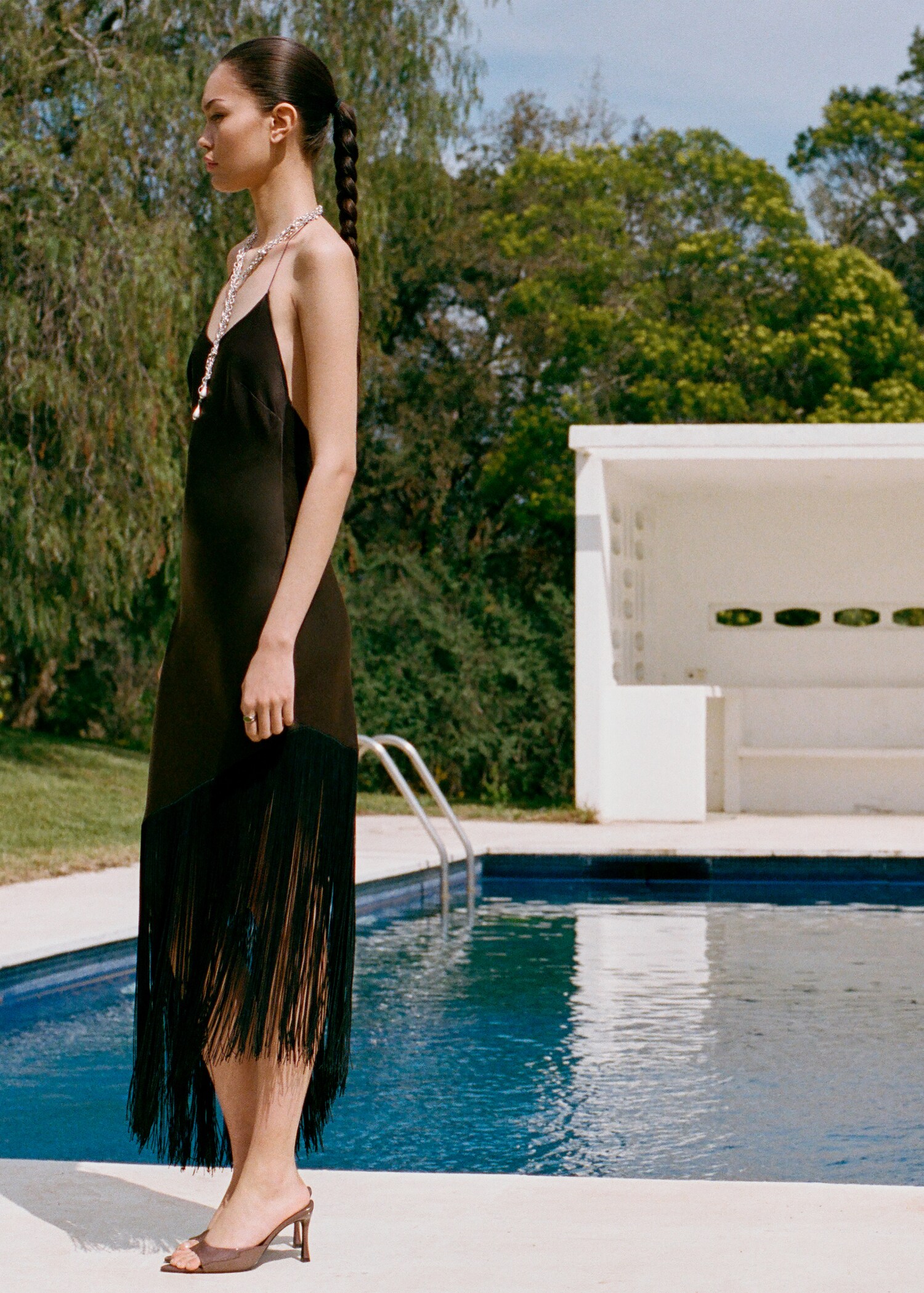 Asymmetrical satin dress with fringes - Details of the article 7