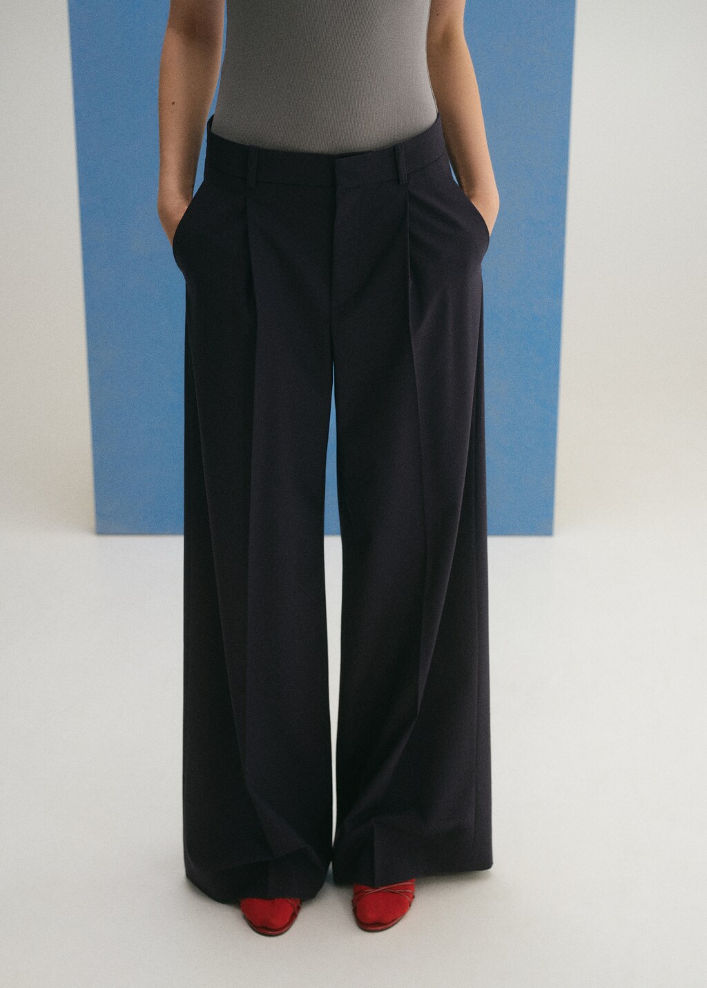 Wide leg wool-blend pleated pants