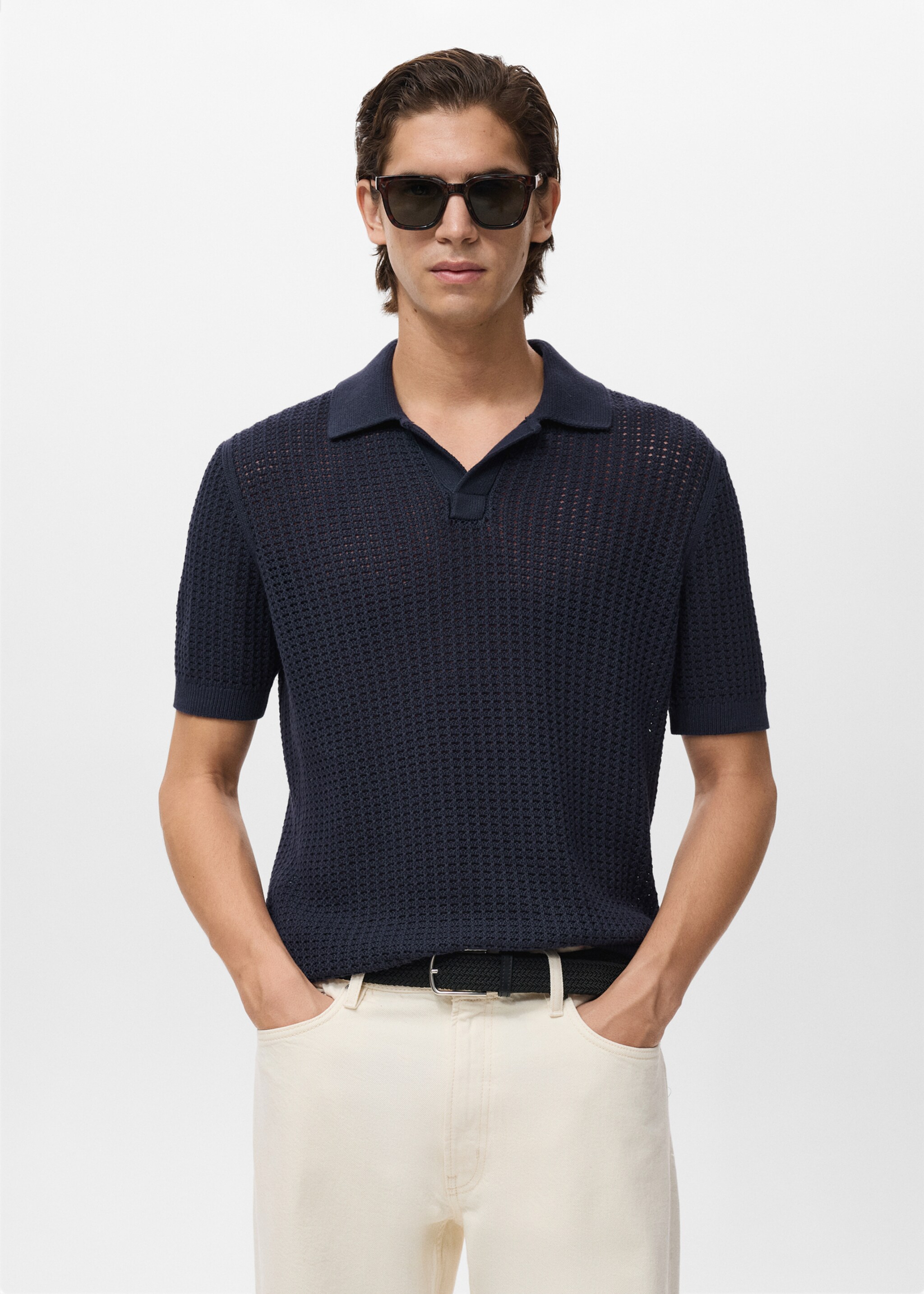 Openwork cotton knitte polo shirt - Medium plane