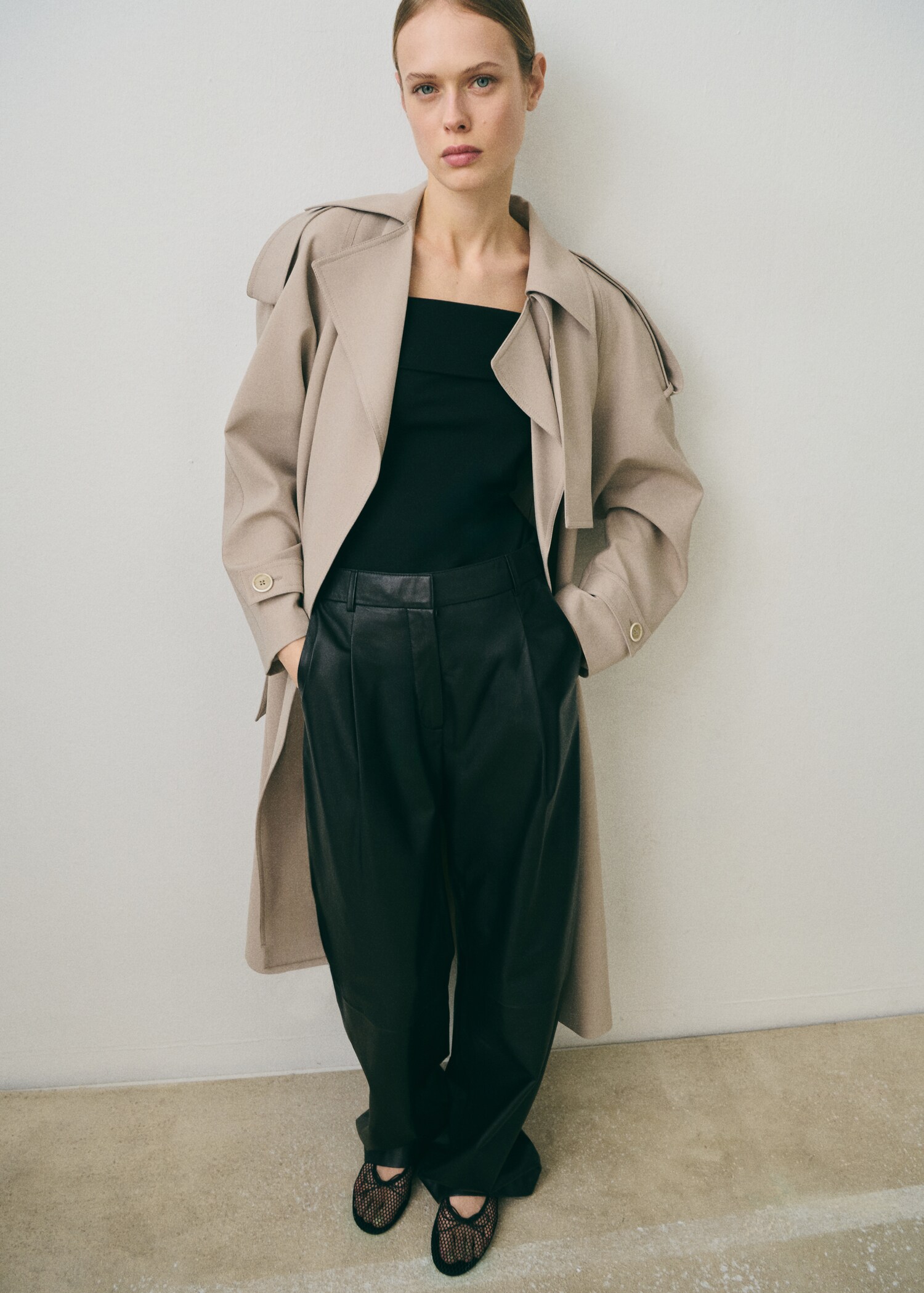 Straight leather pants with pleat detail - General plane