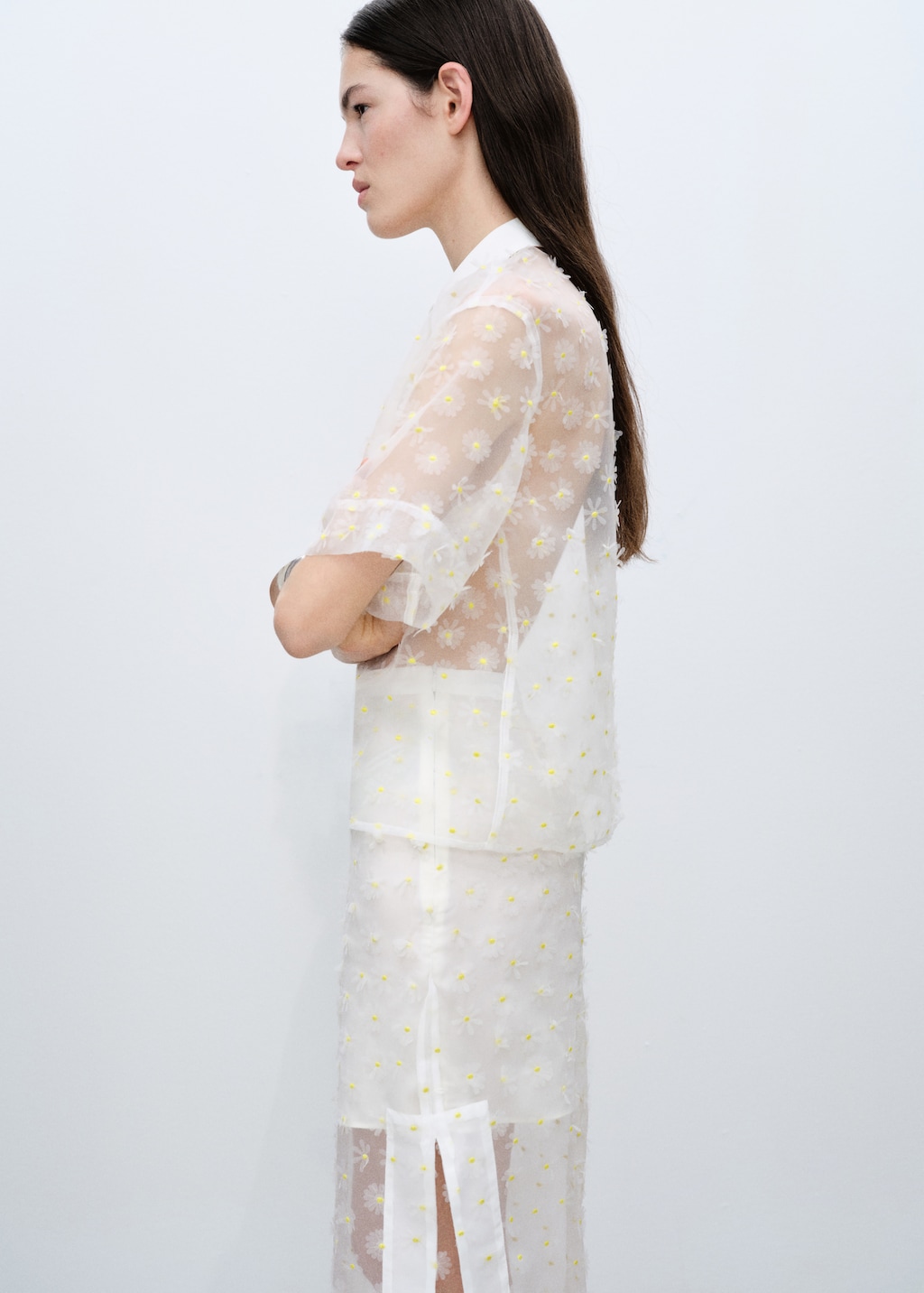 Semi-transparent floral-embroidered shirt