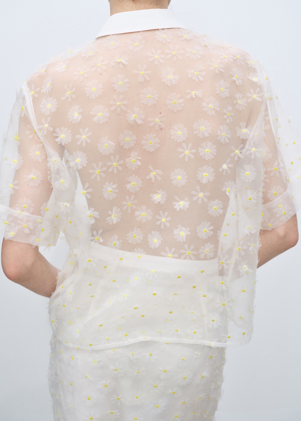 Semi-transparent floral-embroidered shirt