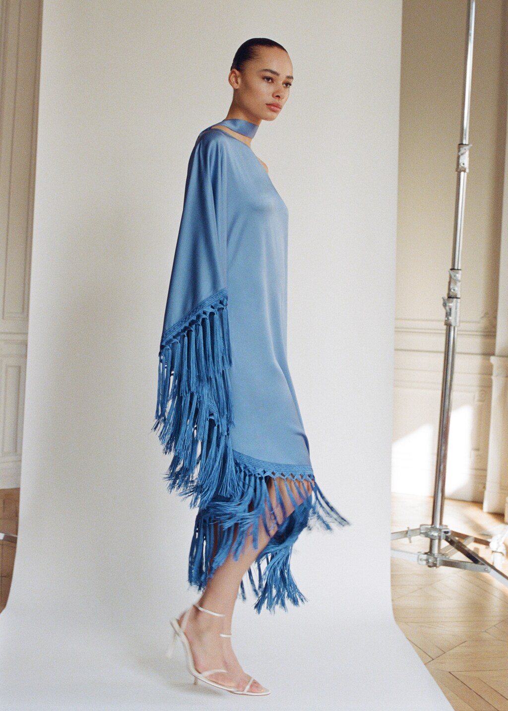 Asymmetrical satin dress with fringes