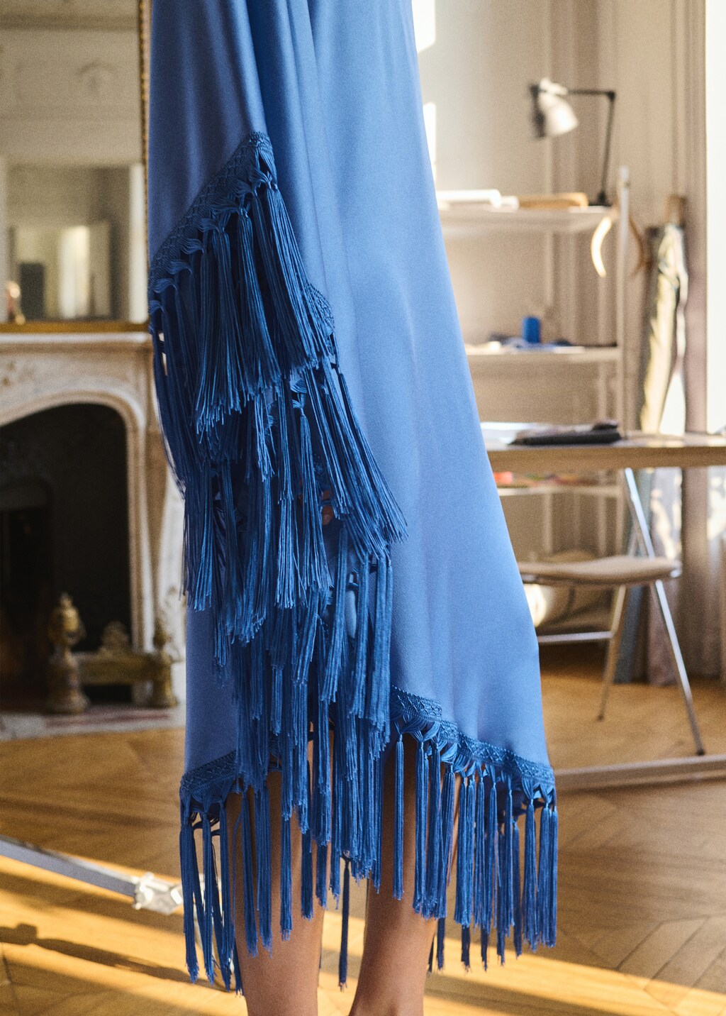 Asymmetrical satin dress with fringes