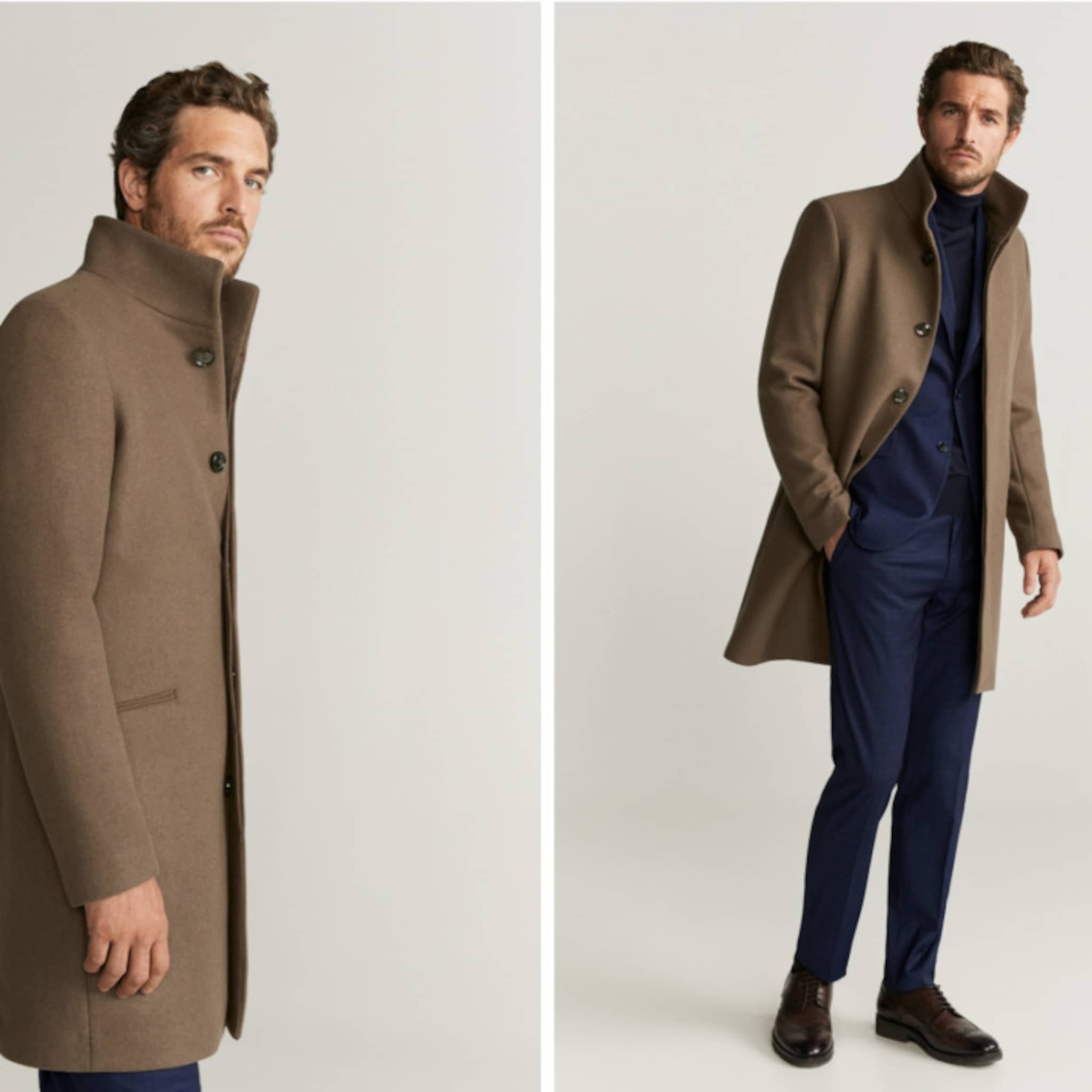 Dos imagenes de un hombre usando un abrigo marron
