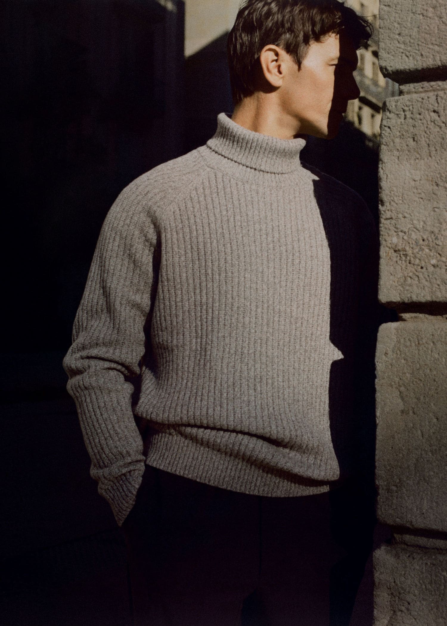 Men's turtleneck sweater outfit.